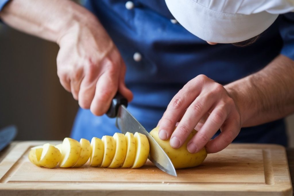 Découpe précise d'une pomme de terre en tranches régulières sur une planche à découper