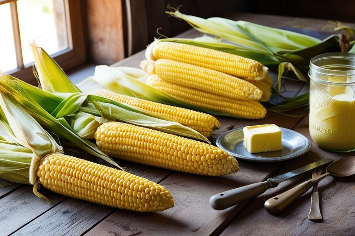 pis de maïs frais non cuits sur une table en bois rustique, baignés de lumière naturelle, avec du beurre et un bocal Mason en arrière-plan. Les épis dorés parfaitement alignés montrent des grains juteux, prêts pour la cuisson, comme je les sélectionne toujours sur le marché.