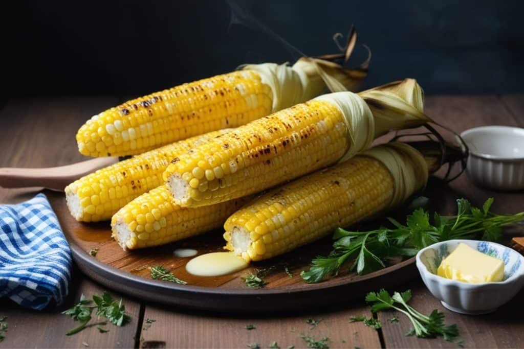 Épis de maïs grillés et fumants sur un plateau en bois foncé, accompagnés de persil frais et de beurre fondant. Les grains légèrement caramélisés témoignent d'une cuisson maîtrisée au barbecue, ma technique signature pour les repas entre amis.