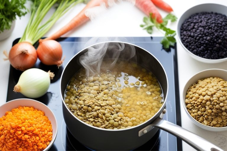 cuisson lentilles : Différentes variétés de lentilles crues et cuites - vertes, corail, noires et du Puy - disposées dans des bols en céramique blanche, illustrant les temps de cuisson spécifiques à chaque type. Un bol de lentilles vertes parfaitement cuites au premier plan montre la texture idéale : tendres mais fermes.