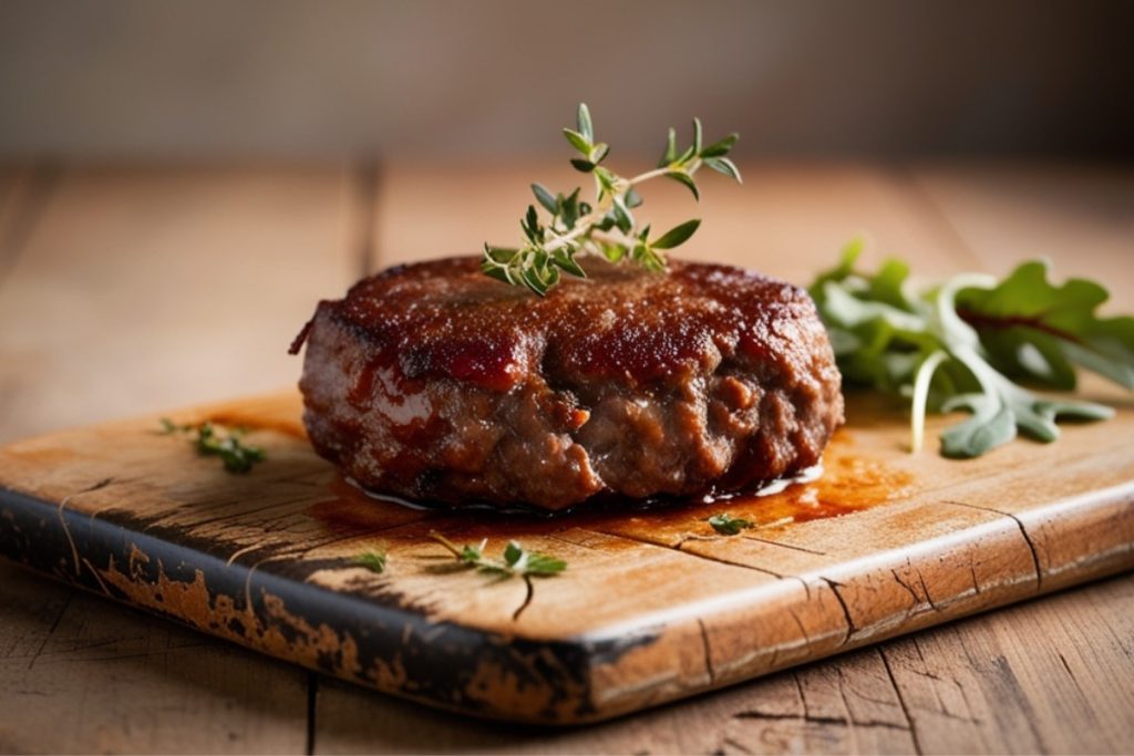 Steak haché juteux parfaitement cuit avec une belle croûte dorée, servi sur une planche en bois