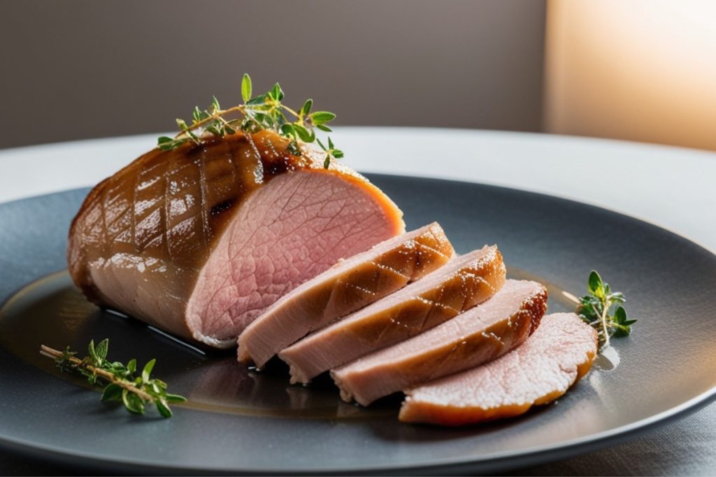 Magret de canard parfaitement cuit et tranché, peau croustillante et chair rosée