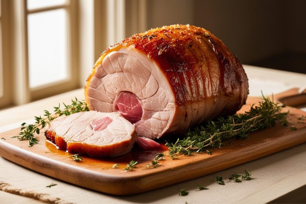 Temps de cuisson rôti de porc : Rôti de porc doré et juteux présenté sur une planche à découper en bois, coupe transversale révélant une chair rosée