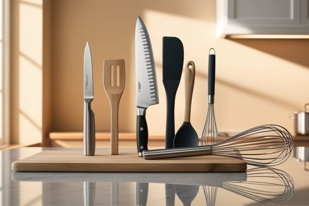 Collection d'ustensiles et accessoires de cuisine essentiels disposés professionnellement