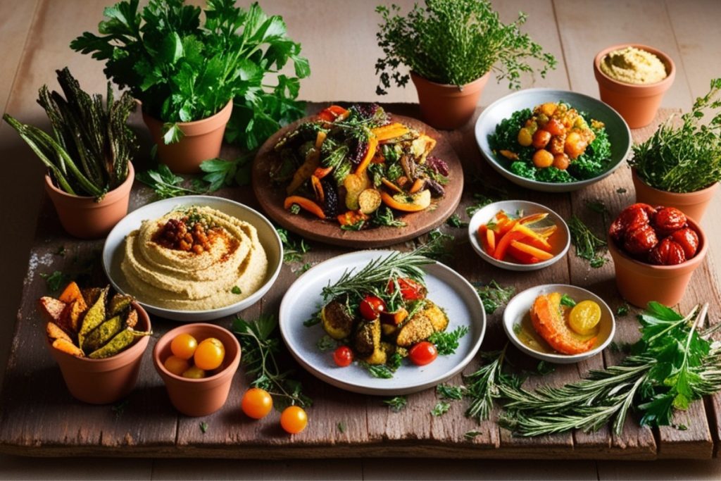 Sélection d'accompagnements variés et colorés : purées légumes et gratins disposés sur une planche en bois avec herbes fraîches Sélection d'accompagnements variés et colorés : purées légumes et gratins disposés sur une planche en bois avec herbes fraîches