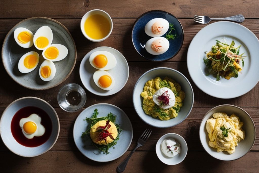 Différents types de cuisson d'œufs présentés sur une table en bois, de l'œuf à la coque à l'œuf brouillé