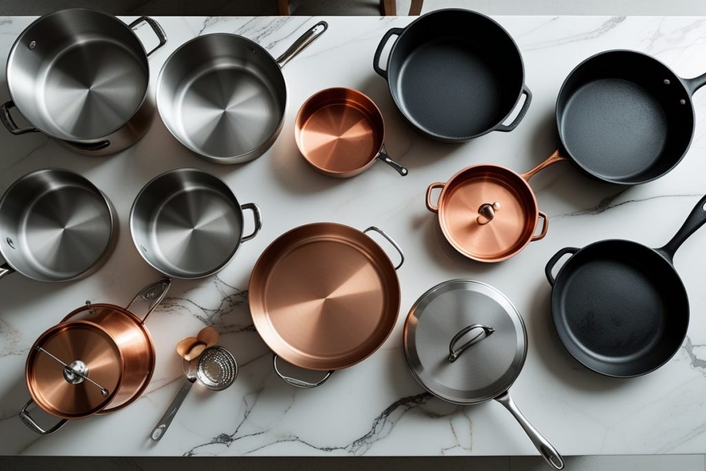 Faitouts ou wok en aluminium ustensiles de cuisine indispensables Set de cuisine professionnel avec casseroles en inox, poêle en cuivre et cocotte en fonte disposés sur un plan de travail en marbre, idéal pour la cuisine quotidienne