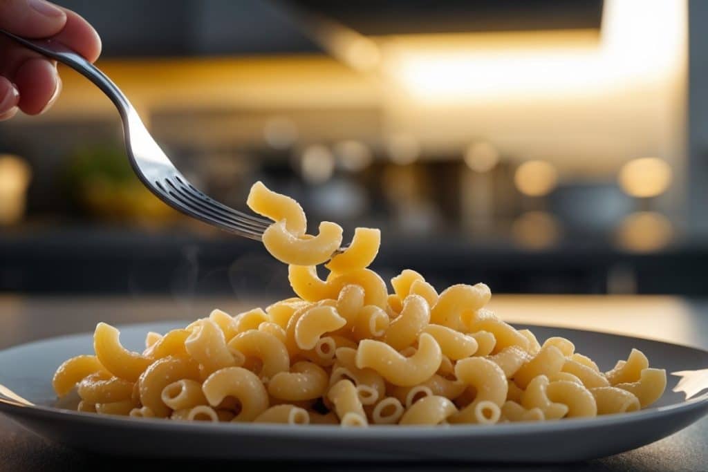 Test de cuisson al dente d'une coquillette à l'aide d'une fourchette, montrant la texture idéale au cœur de la pâte