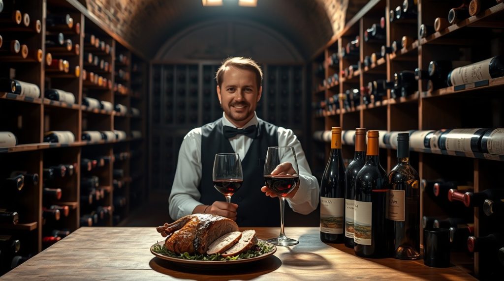 Sommelier présentant une sélection de vins pour accompagner le chapon dans une cave à vin