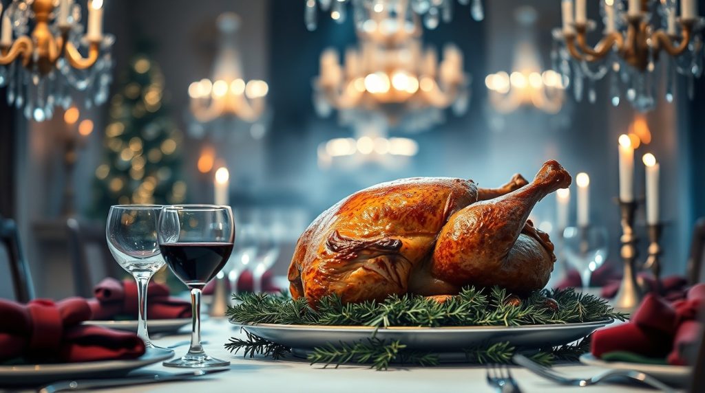 Table de fête élégante avec chapon rôti doré et verres de vin, ambiance chaleureuse de Noël