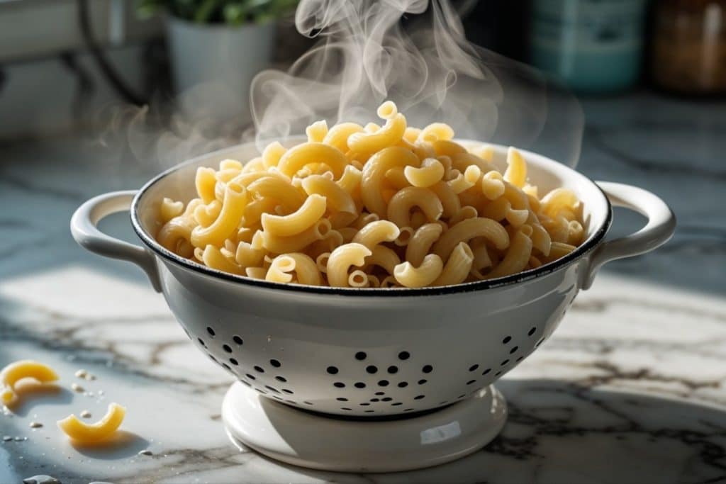 temps de cuisson des coquillettes. Des coquillettes fraîchement égouttées dans une passoire blanche, dégageant une légère vapeur sur un plan de travail en marbre