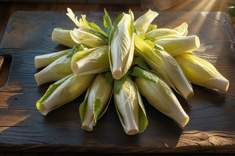 Préparation des endives fraîches avant cuisson à la cocotte minute sur une planche à découper en bois