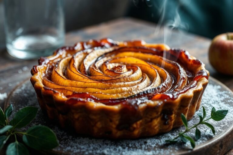tarte tatin histoire vraie : Tarte Tatin traditionnelle dorée dans son moule en cuivre, servie fumante sur une table en bois rustique, ambiance bistrot français authentique