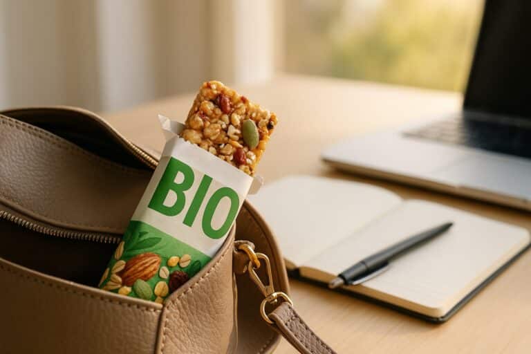 Barre de céréales bio dans son emballage vert posée sur un sac à main, avec ordinateur portable et carnet sur un bureau en bois – collation saine et naturelle pour la pause au travail.