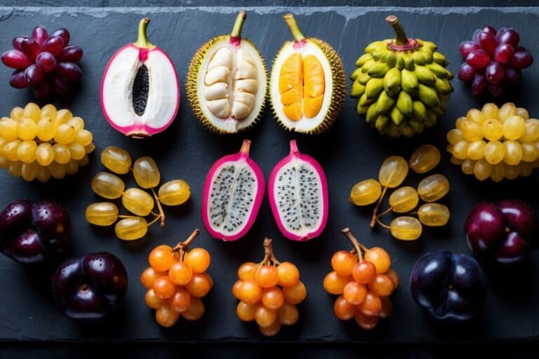 Composition de fruits exotiques rares en D : durian ouvert, dragon fruit rose, dattes dorées et duku translucide pour maîtriser le Scrabble. Fruit en D