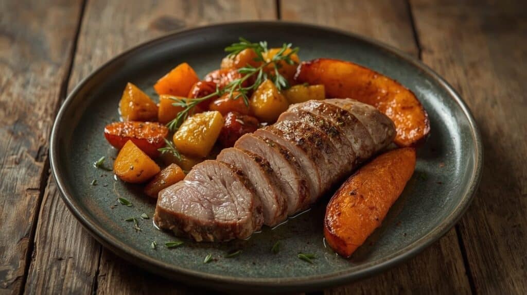 Quel accompagnement avec un magret de canard - Magret de canard tranché avec légumes rôtis sur une assiette rustique