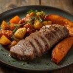 Quel accompagnement avec un magret de canard - Magret de canard tranché avec légumes rôtis sur une assiette rustique