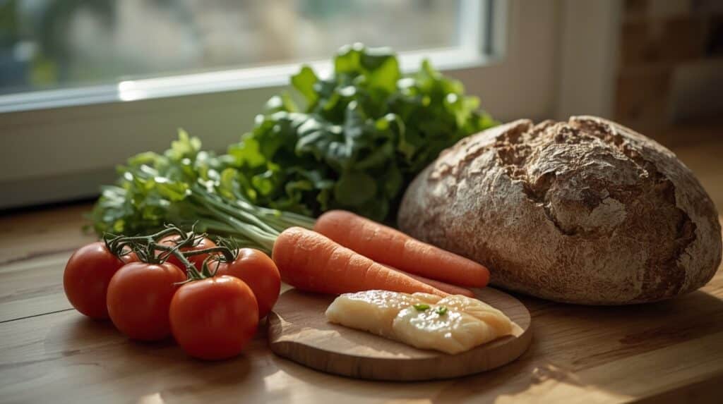 Produits frais variés disposés sur un plan de travail de cuisine en bois