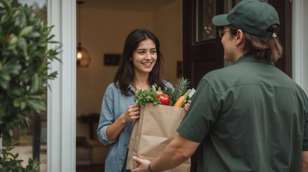 Femme souriante recevant un sac de courses rempli de produits frais à sa porte
