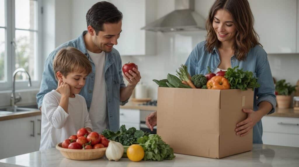 Famille en cuisine déballant un panier de courses avec fruits et légumes frais