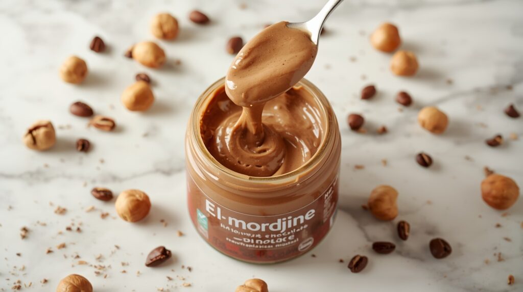 Pot ouvert de pâte à tartiner El Mordjene avec texture onctueuse coulant d'une cuillère, entouré de noisettes