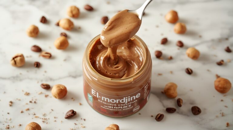 Pot ouvert de pâte à tartiner El Mordjene avec texture onctueuse coulant d'une cuillère, entouré de noisettes