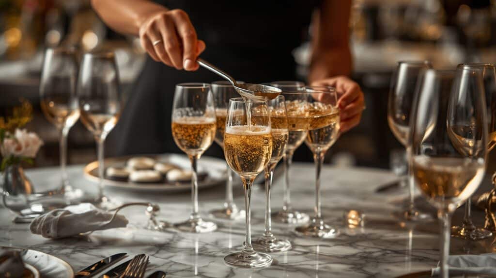 Service élégant de soupe de champagne à la louche dans des flûtes lors d'une réception raffinée