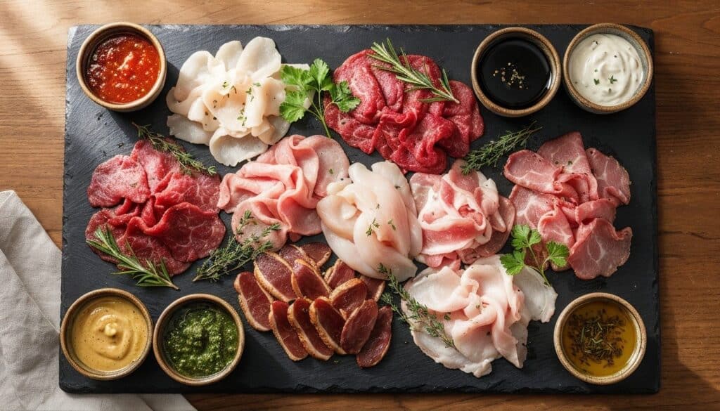 Plateau d'assortiment de viandes crues préparées pour pierrade avec différentes variétés disposées de manière élégante