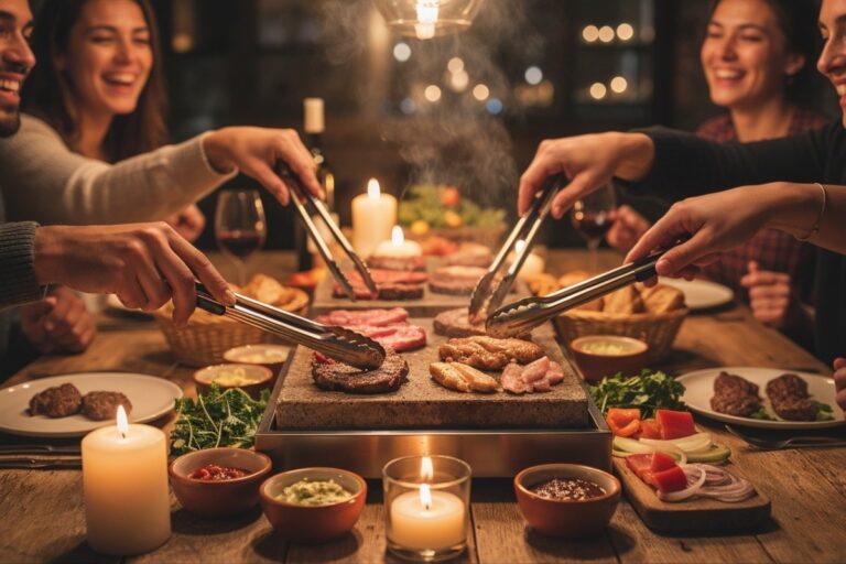 Groupe d'amis partageant un repas convivial autour d'une pierrade avec des mains qui cuisent les viandes sur la pierre chaude