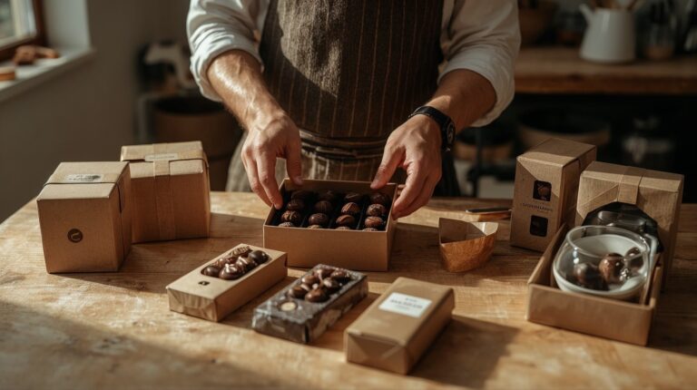 Chocolatier artisan sélectionnant l'emballage idéal pour ses créations chocolatières