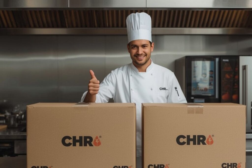Chef professionnel satisfait de sa commande d'équipements CHR livrée rapidement