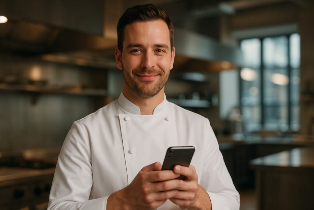 rosk application - Chef professionnel souriant tenant un smartphone dans une cuisine moderne - recrutement digital en restauration