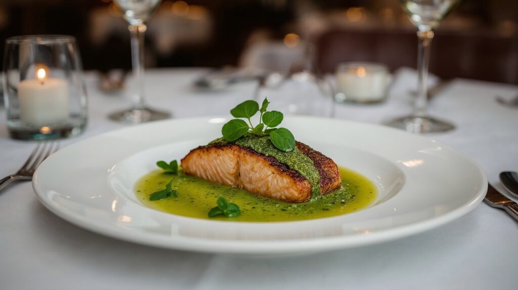Filet de saumon grillé nappé de sauce à l'oseille verte, dressage gastronomique français raffiné