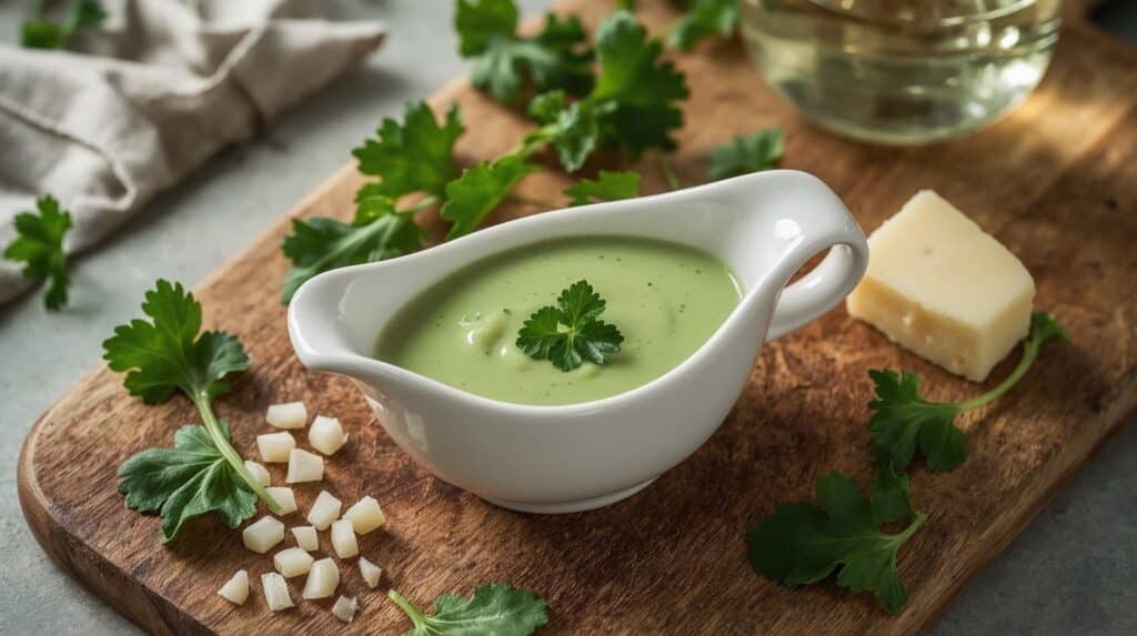 Sauce à l'oseille française crémeuse et verte avec ingrédients frais disposés élégamment sur planche en bois