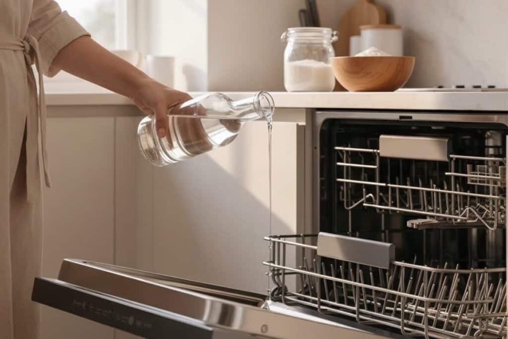 Femme versant du vinaigre blanc dans un lave-vaisselle ouvert avec produits naturels bicarbonate et acide citrique sur plan de travail
