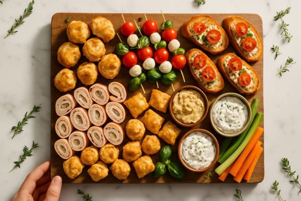 apéro pas cher et rapide : Plateau d'apéritif varié avec roulés au jambon, feuilletés et brochettes disposés sur une planche en bois