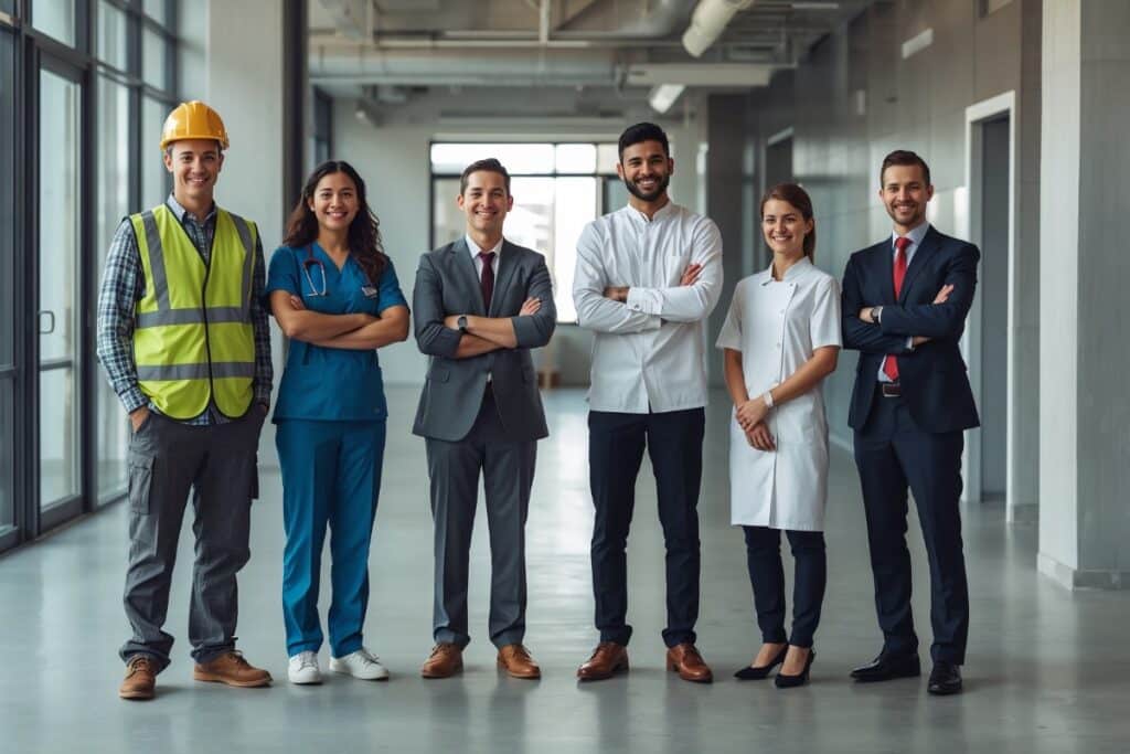 Professionnels de différents secteurs portant leurs tenues de travail adaptées - ouvrier BTP, personnel médical, chef cuisinier et consultant