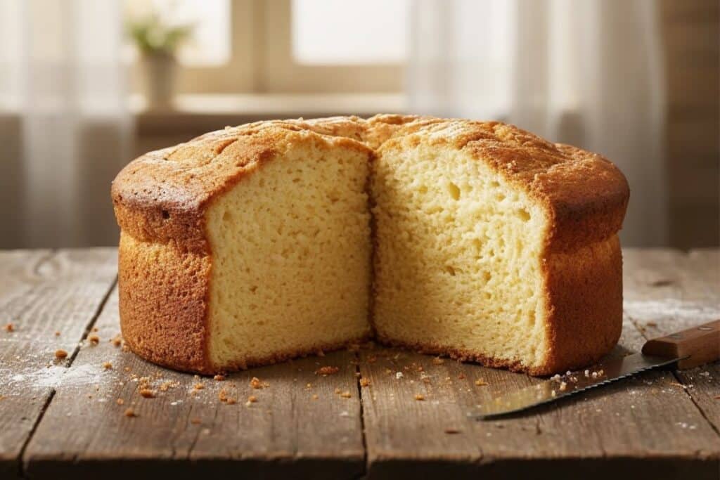 Gâteau maison 5 4 3 2 1 coupé en deux, montrant la différence entre une texture sèche et un moelleux parfait sur une table rustique.