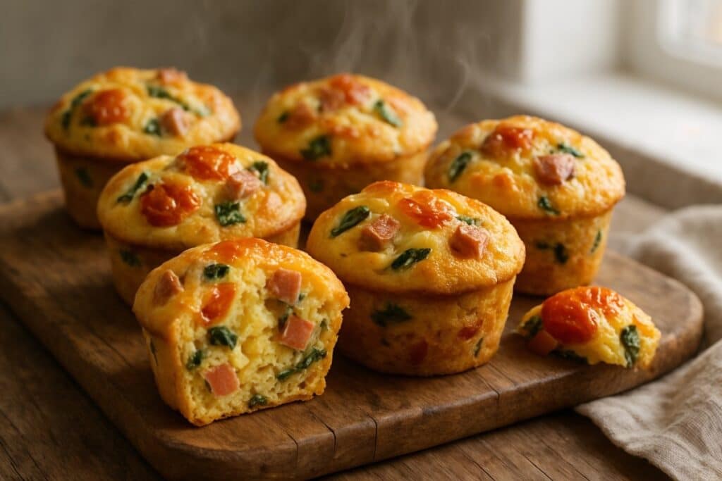 Muffins salés végétariens moelleux et dorés avec fromage, tomates cerises et épinards sur planche en bois