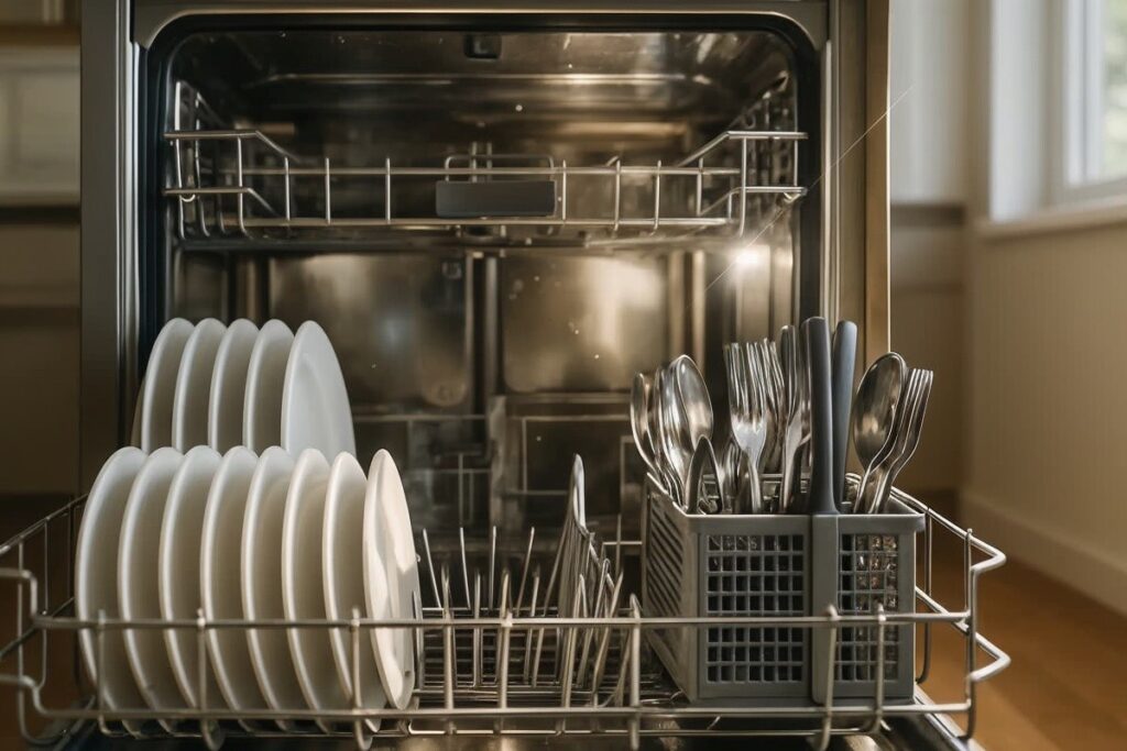 Lave-vaisselle ouvert rempli de vaisselle parfaitement propre et étincelante, verres cristallins et couverts impeccables après nettoyage