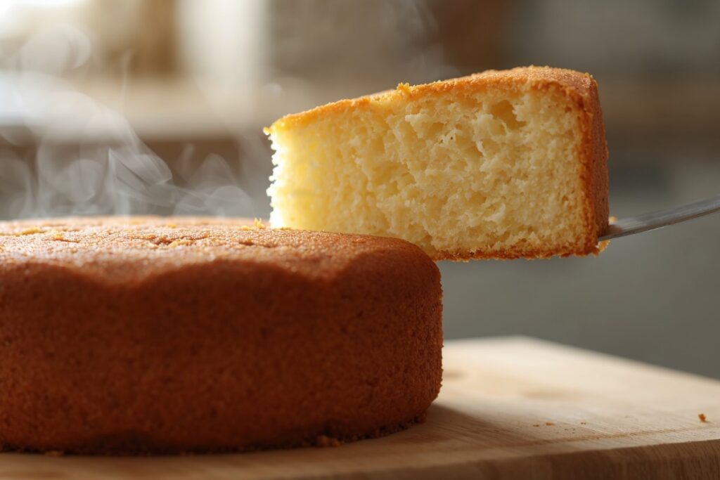 Gros plan d’un gâteau 5 4 3 2 1 doré et moelleux qu’on coupe, laissant apparaître une texture légère et fondante.