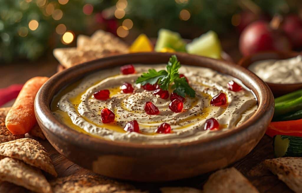 Caviar d'aubergines maison crémeux garni de grenade et huile d'olive avec pain pita grillé pour apéritif de Noël végétarien