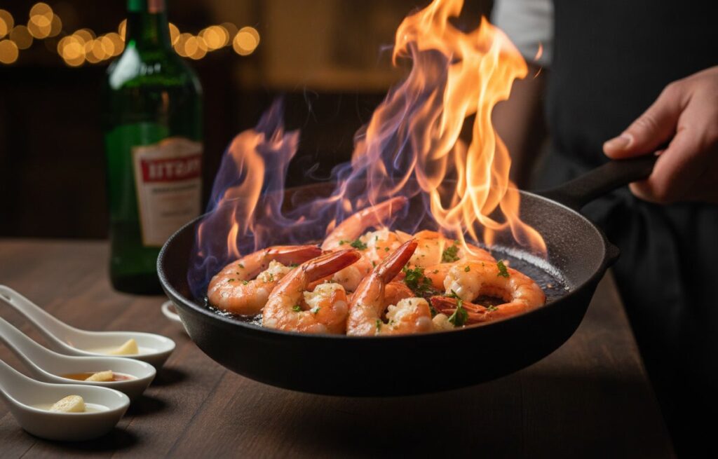 Gambas flambées au pastis dans une poêle avec flammes bleues et persil pour apéritif spectaculaire de Noël