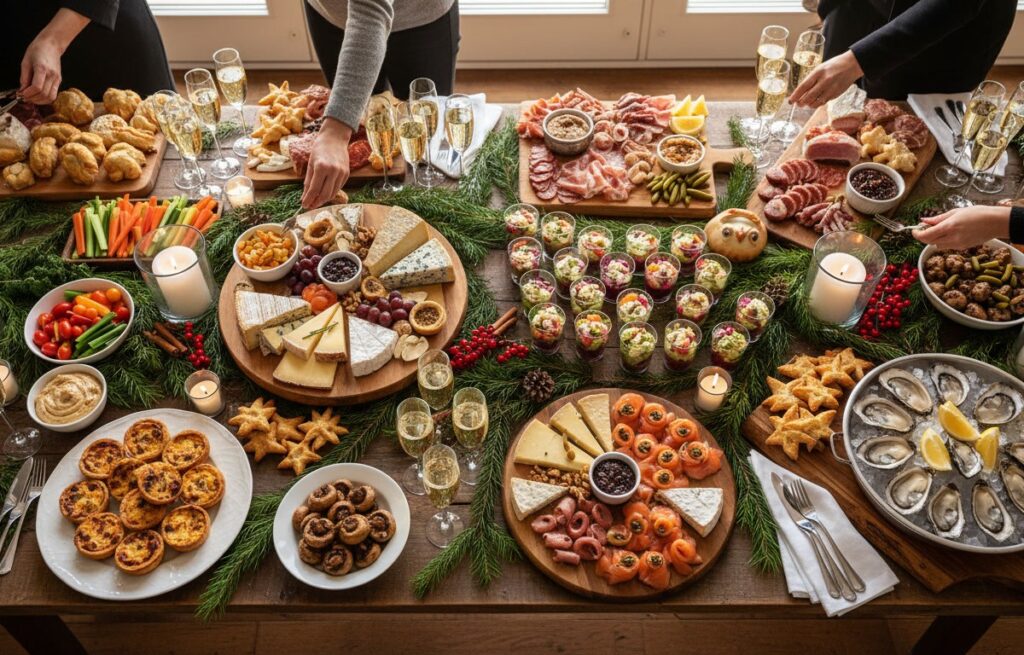 Grand buffet apéritif de réveillon de Noël pour 12 personnes avec huîtres, charcuterie, fromages, verrines et champagne