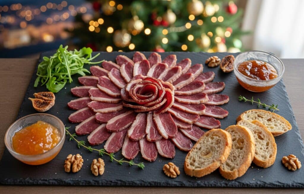 Magret de canard séché tranché finement en rosaces sur ardoise avec confiture de figues pour apéritif de Noël raffiné