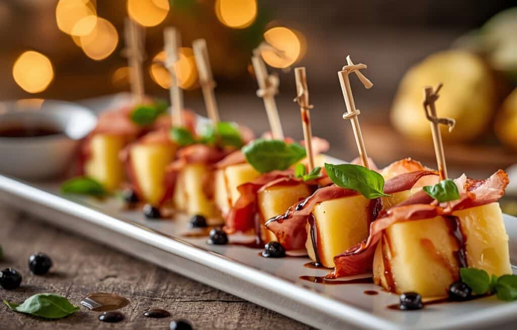 Brochettes apéritives melon-jambon de Parme et basilic avec réduction balsamique pour apéro de Noël sucré-salé