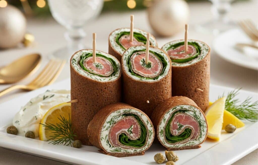 Roulés de crêpes de sarrasin au saumon fumé et fromage frais coupés en tranches spirales pour apéritif chic de Noël