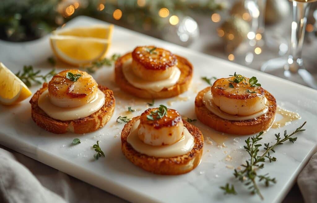 Toasts de pain brioché grillé surmontés de noix de Saint-Jacques poêlées et beurre blanc pour apéro raffiné de Noël