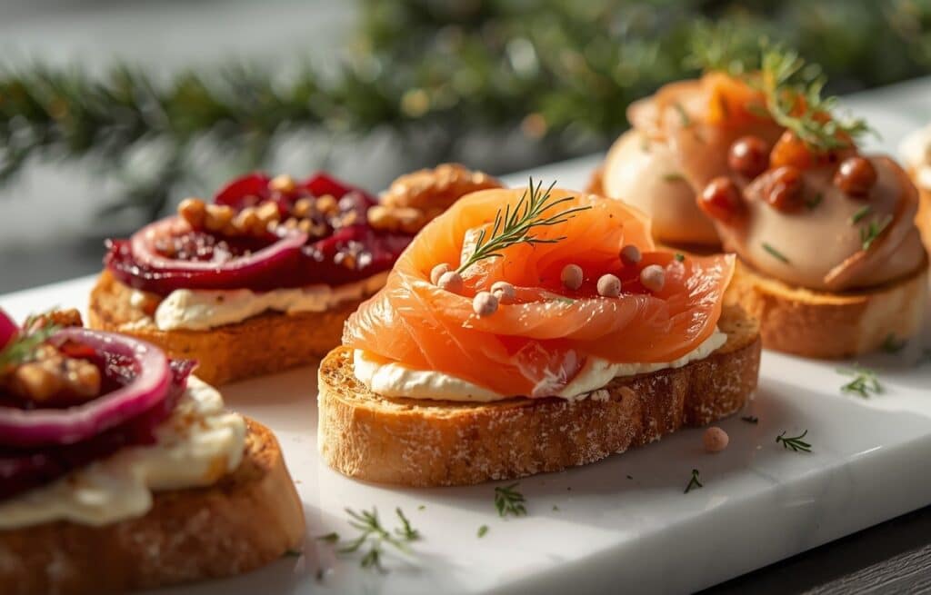 Assortiment de toasts apéritifs de Noël avec saumon fumé, foie gras et betteraves sur planche de marbre