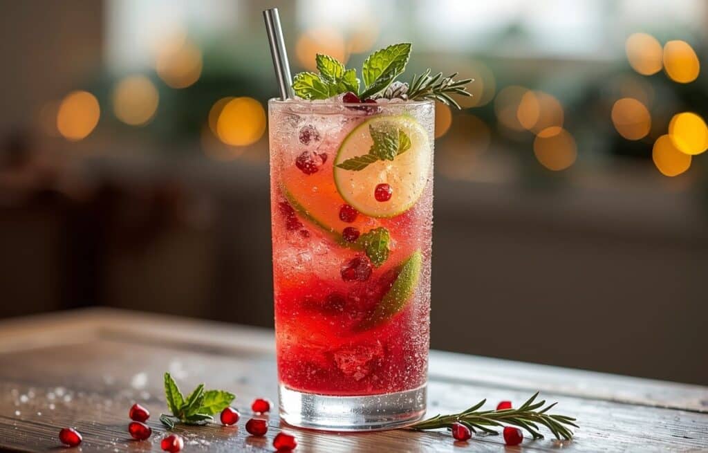 Virgin mojito de Noël sans alcool au jus de grenade, menthe fraîche et romarin dans un grand verre glacé